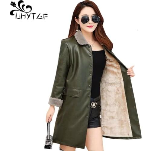 UHYTGF Autumn winter leather jacket women plus velvet quality PU leather spring jacket warm loose 5XL plus size leather coat 655