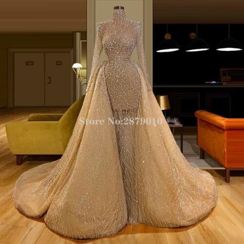 Illusion Champagne Mermaid Evening Dress Floor-Length Beaded Crystals Formal Prom Dress With Pearls Celebrity Dress 2020 Dubai
