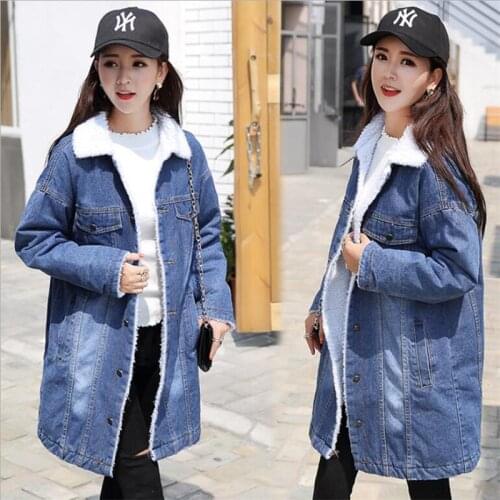 Women Basic Coats 2021 Autumn winter Ripped Denim Jacket Femme Vintage Long Sleeve Jeans Jacket Wool lining Bomber Casual Coat