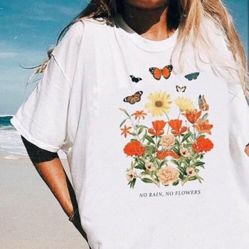 Women cotton Flower T-shirt streetwear casual black Harajuku clothes loose vintage New Summer clothing sweet girls tops shirt