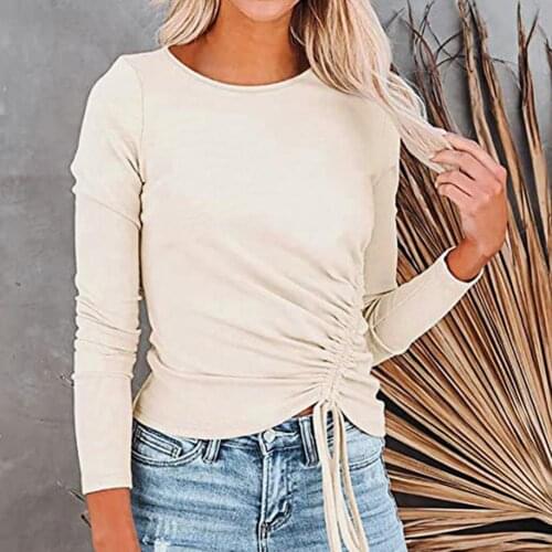 2021 New Fashion Solid Color Women T-shirt Long Sleeve Autumn Shirring O Neck Bodycon Stretchy Sexy Blouse Streetwear