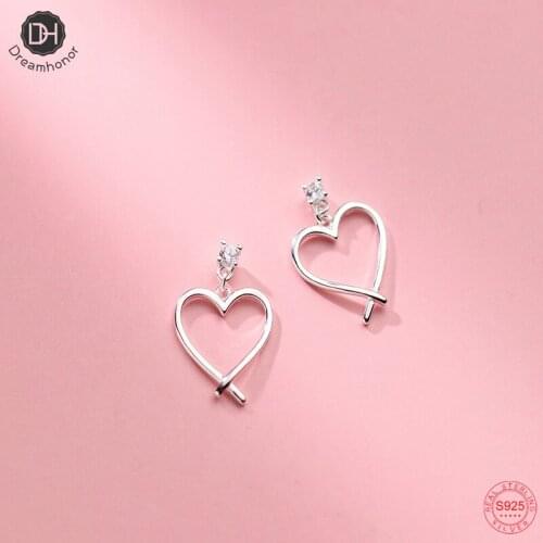 Dreamhonor 925 Sterling Silver Korean Style Simple Hollow Heart Zircon Stud Earrings for Women Gifts