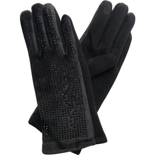 Women Diamond Full Finger Touch Screen Mittens Winter Plus Plush Velvet Warm Driving Suede Leather Thick Rhinestone Gloves D72