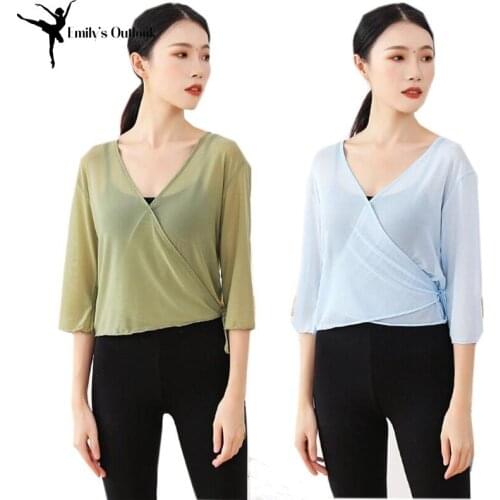 Womens Mesh See Through Top V Neck 3/4 Long Sleeve T-Shirt Adults Wrap Cardigan Poncho Ballet Dance Sheer Blouse Lightweight