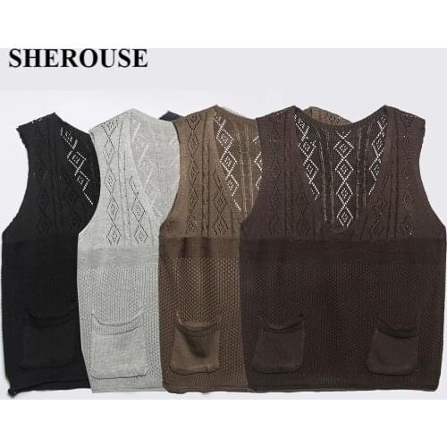 SHEROUSE Women Fashion With Pockets Knitted Solid Tank Top Sleeveless V-Neck Vintage Sweater Vest Chic Tops