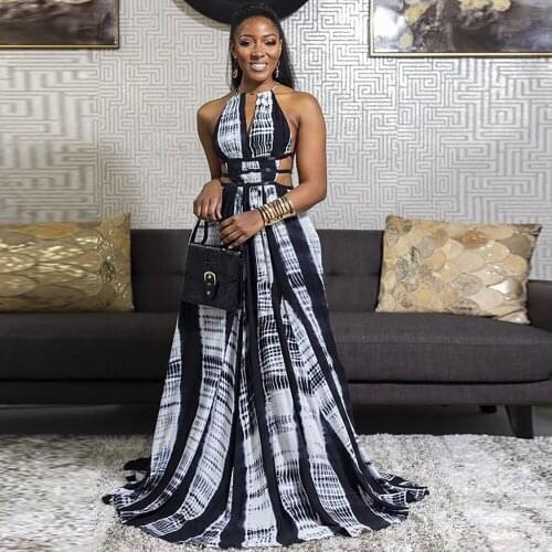 Waist Band Cut Out Summer Floor Length Dress Women Sexy Halter Neck Backless Fit and Flare Dress Vintage Tie Dye Print Vestido