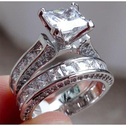 2019 New Style Charm Couple Rings His Her Silver Color Princess Cut CZ Anniversary Promise Wedding Engagement Ring Sets