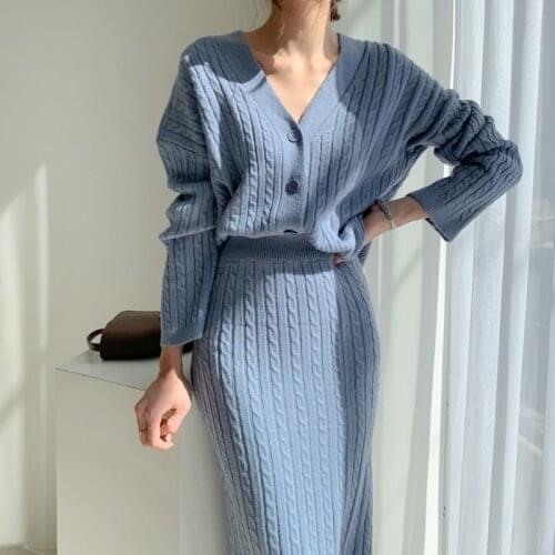 2020 Autumn Winter Vintage Elegant Women Suit Sexy V-Neck Twist Chic Knitted Sweater + High Waist Bodycon Skirt 2 Piece Set