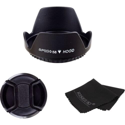 58MM flower lens hood+snap-on front lens cap+black cloth for canon nikon pentax sony camera