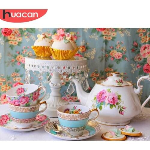 HUACAN 5D Diamond Painting Teapot Cross Stitch Diamond Embroidery Dessert Mosaic Teacup Kitchen Decoration Gifts
