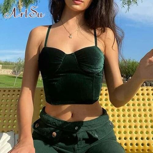 ArtSu 90s Fashion Spaghetti Strap Velvet Cropped Tops E-Girl Vintage Backless Green Cami Top Y2K Aesthetics Partywear VE52410