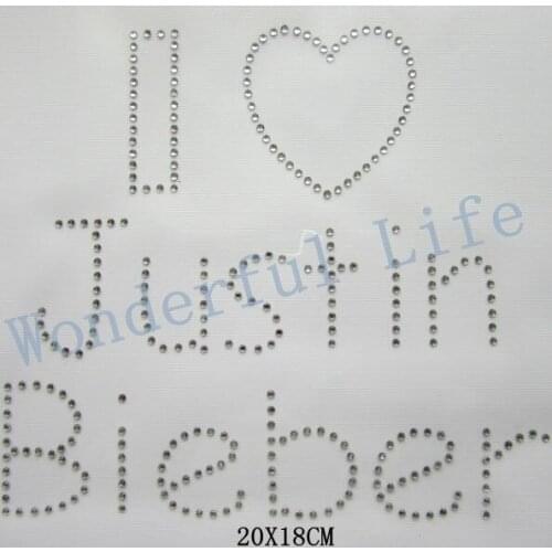 Free shipping I LOVE JUSTIN BIEBER FAN Iron On Hotfix Rhinestone Diamante Transfer Motif