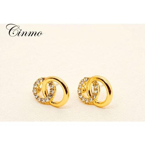 Cinmo Double Circle Crystal Piercing Stud Earrings For Women Girls Kpop Cute Statement Earrings Fashion Party Ear Jewelry Gifts