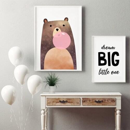 Nursery Animal Art Bear Canvas Prints and Poster , Cartoon Illustration Bear Canvas Painting Kids Girls Room Wall Art Decor