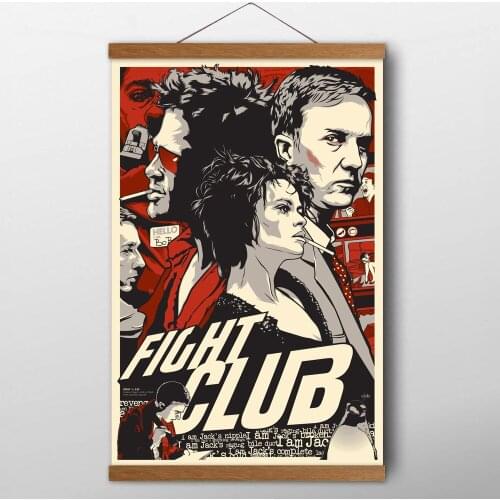 Teak Wood Hanging Scrolls Painting Fight Club Classic Movie Poster Canvas Wall Art Prints For Living Room Decor