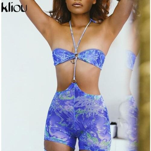Kliou Printed Sexy Cut Out Halter Rompers Womens Jumpsuit Fashion Street Style Bandage Backless Party Clubwear One Piece Outfits