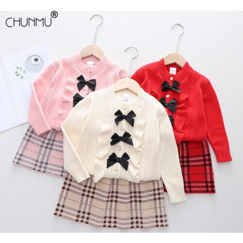 Kids Clothes Set For Childrens Suit Knitted Bowknot Sweater + Plaid Skirt 2Pcs Outfits Autumn Winter Baby Girls Clothing