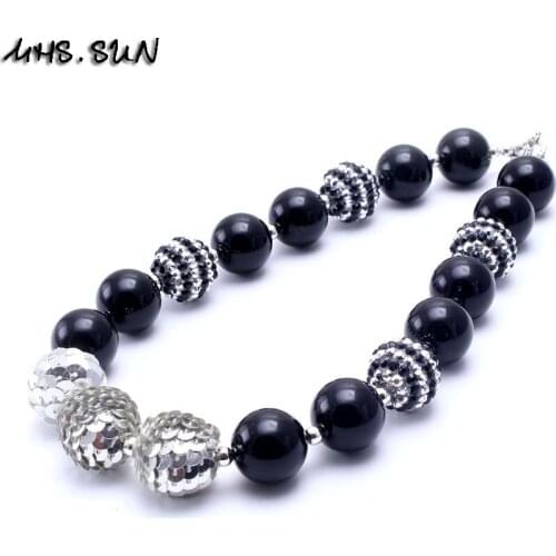 MHS.SUN Fashion chunky beads necklace kids girls rhinestone chunky bubblegum necklace for children party necklace black color