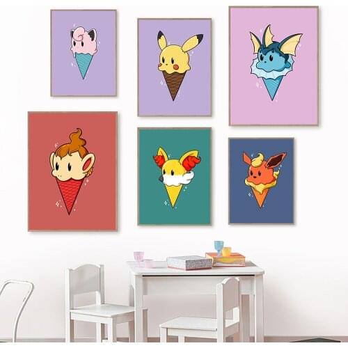Cartoon Anime Color Animals Wall Art Canvas Painting Inspired Ice Cream Picture Modern Posters and Print Kids Kitchen Home Decor