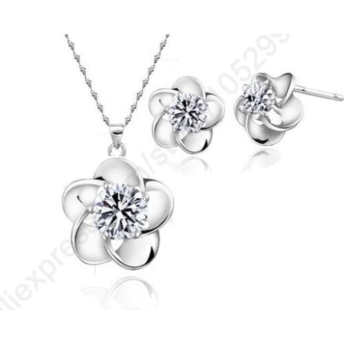 Fast Ship White Genuine Fine 925 Sterling Silver Jewelry Sets Chain Cubic Zirconia CZ Necklace Pendant Sud Earring