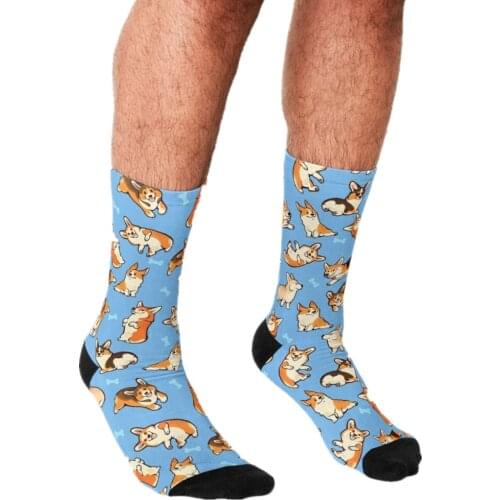 2021Men Socks graffiti funJolly Printed corgis in blue patterns Socks Unisex Socks art Novelty pattern Winter Casual Socks