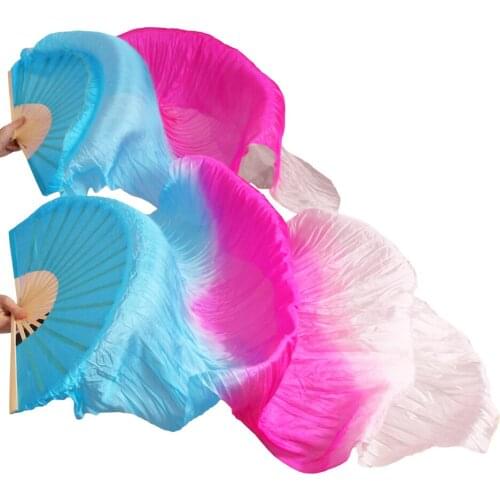 New 100% Silk Dance Fans 1 Pair High Quality Handmade Dyed Belly Dance Fans Turquoise+Rose+White Gradient Colors 180/230x90cm