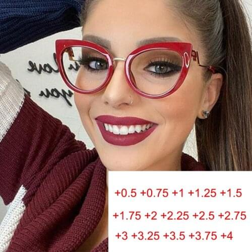 Hyperopia Glasses +1.75 +2.0 +5.0 Red Cat Eye Frames Clear Lens Blue Light Filter Priscription Reading Glasses Fashion Spectacle