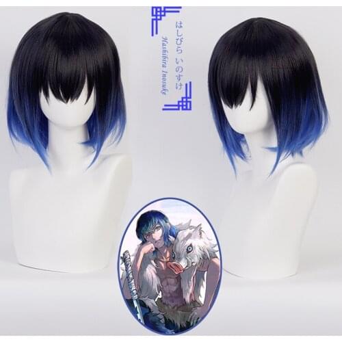 Anime Demon Slayer Hashibira Inosuke Cosplay Wig Black Blue Short Hair Kimetsu No Yaiba Train Mugen Heat Synthetic Hair+ Wig Cap