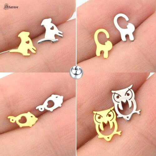 Starose 2Pcs Cute Dog Cat Owl Pig Helix Piercing Stud Earrings Surgical Steel Tragus Piercing Bar Conch Ball Back Ear Jewelry