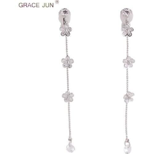 Korea Style Luxury Fashion AAA CZ 3 Flower Long Tassel Clip on Earrings Non Piercing for Women Party Charm Pierced Earrings Gift