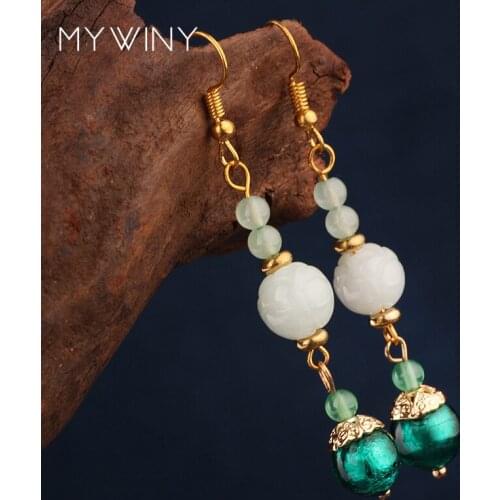 MYWINY vintage ethnic drop long dangle earrings, Aventurinedrop color glazed beads green stone for women vintage jewelry,girl
