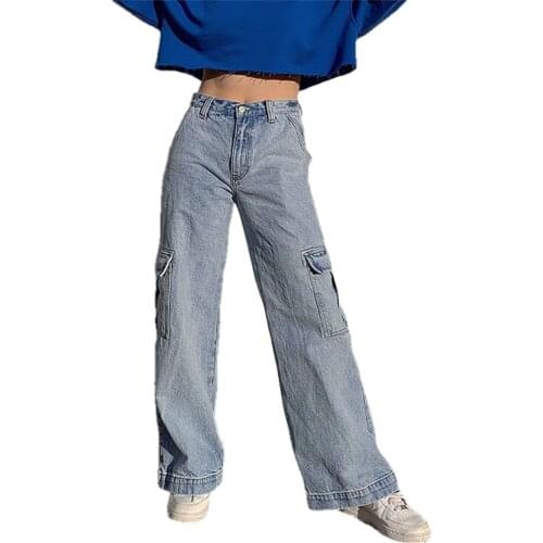 Womens jean pants 2021 new street fashion casual high-waisted slim womens loose multi-pocket straight jeans cargo pants women