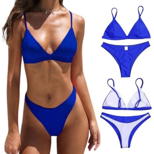Women Sexy 2 Piece Bikini Set Spaghetti Strap V-Neck Push Up Padded Swimsuit Solid Color Low Waist High Cut Bathing Suit