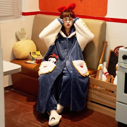 Woman Loose Version Pajama Set Winter Sleepwear Flannel Cartoon Night Skirt Cardigan Medium Style Sweet женский Two-piece Dress