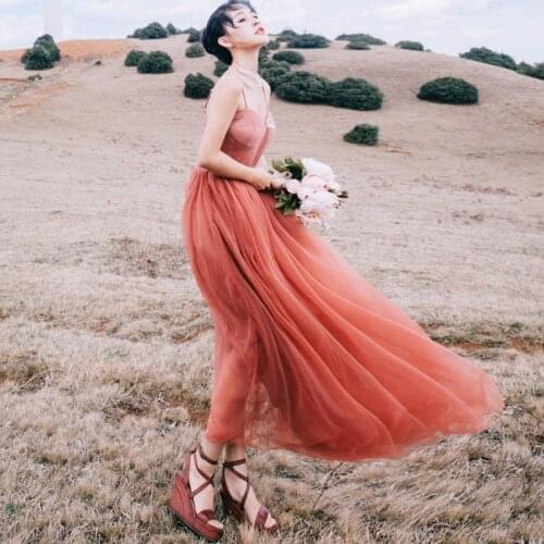 Spaghetti Strap Grapefruit Color Ballet Mesh Ball Gown Dress Women Fashion Long Dress High Quality Vestidos Mujer Robe Femme