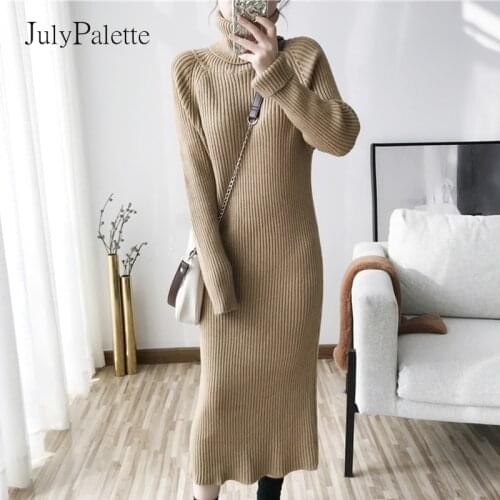 JulyPalette Turtleneck Full Sleeve Slim Knit Dress Female 2021 Autumn Winter Solid Loose Vestidos Thick Women Long Sweater Dress