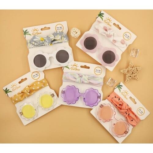 2Pcs/Set Flower Print Baby Headband + Round Sunglassess Set Outdoor Kids Headwear Seaside Sun Eyeglass Newborn Bow Tie Headwraps
