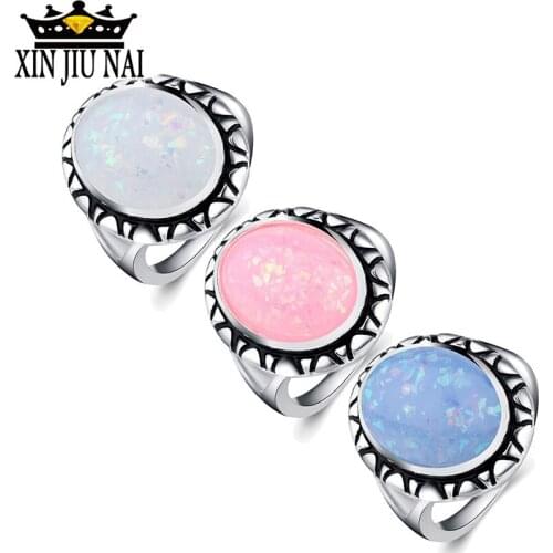 2018 New European Women Jewelry Popular Retro Geometric Round Stone Ring Female White/Pink/Blue Opal Stone Ring Gifts anillos