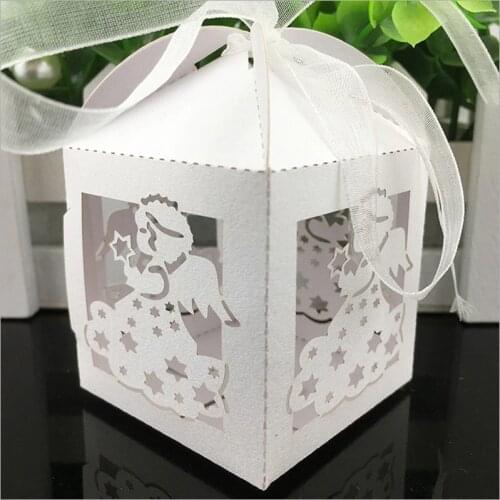 50pcs Angel Shaped Laser Cut Hollow Carriage Favors Box Gifts Candy Boxes With Ribbon Baby Shower Wedding Event Party Supplies