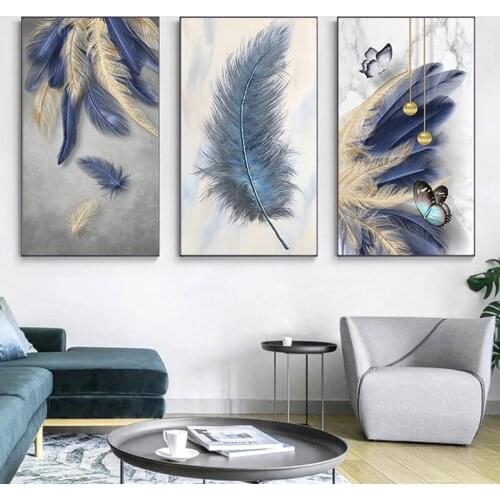Abstract Luxury Blue Feather Canvas Painting Picture Nordic Posters and Prints Wall Art for Living Room Cuadros Art Decoration