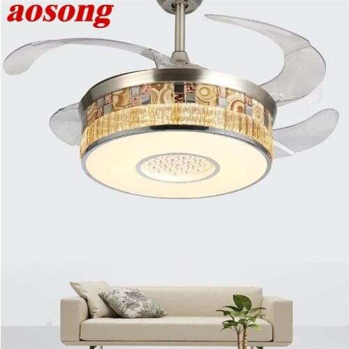 AOSONG Ceiling Fan Light Invisible With Remote Control Modern Luxury Gold Figure LED Lamp For Home