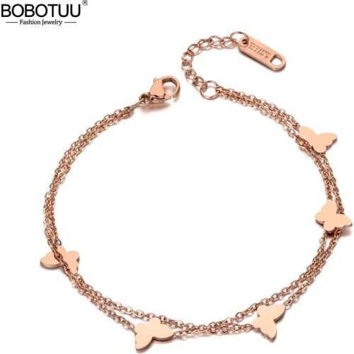 BOBOTUU Fashion Double Layers Butterfly Charm Bracelet Bangle For Women Stainless Steel Chain & Link Bracelets Jewelry BB19116