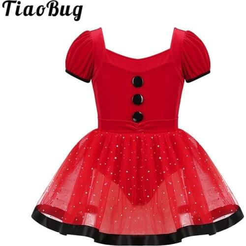 Kids Short Puff Sleeves Sequined Red Mesh Tutu Ballet Figure Skating Dress Gymnastics Leotards for Girls Christmas Dance Costume