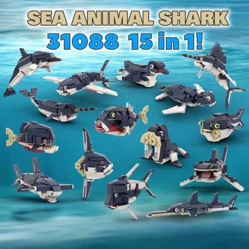 Moc Animal 15-in-one Marine Shark Toys Dolphin Turtle Creator Expert Building Block Model Ideas Modular Animal Children Toy Gift