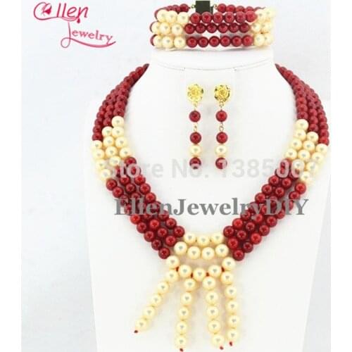 Beautiful Red Coral Jewelry Set Nigerian wedding beads Necklace set Gift Bridesmaid Shell Pearl african beads Jewelry Set