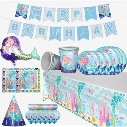 Little Mermaid Party Disposable Tableware Kit Girl First Birthday Party Plates Cups Banner Under the Sea Kids Party Decoration