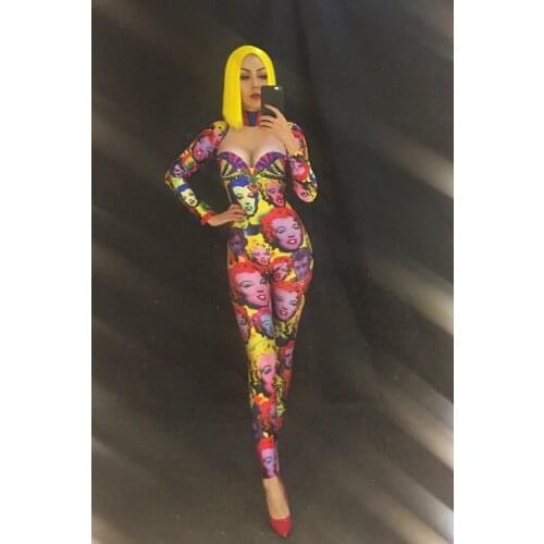 New Multicolor Face Pattern Rhinestones Bodysuit Performance Party Shining Dance Costume One-piece Big Stretch Spandex Jumpsuit