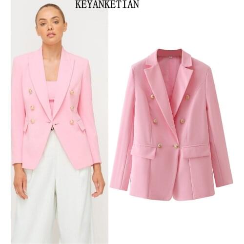 KEYANKETIAN 2021 autumn new ladies pink office long-sleeved blazer with metal buckle chic slim suit blouse