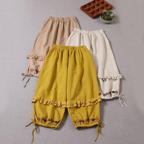 New Summer Women Japan Style Cotton and linen Embroidery Harem Pants Lace Embroidered Casual Bloomers