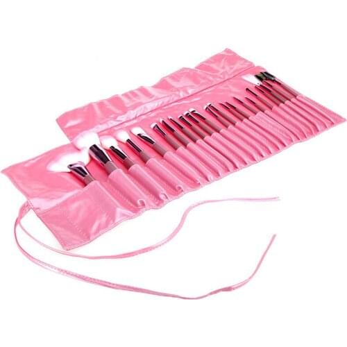 Wholesale Professional 22pcs makeup beauty brushes Cosmetics Brush kit + Pink roll up Leather PU pouch 50sets/lot free shipping